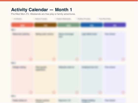 Top of a monthly activity calendar from Kids Activity Vault