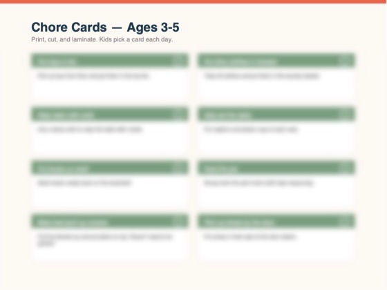 Kids chore cards page from Clean Home Express