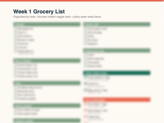 Top of the Week 1 grocery list from Meal Autopilot, sorted by aisle